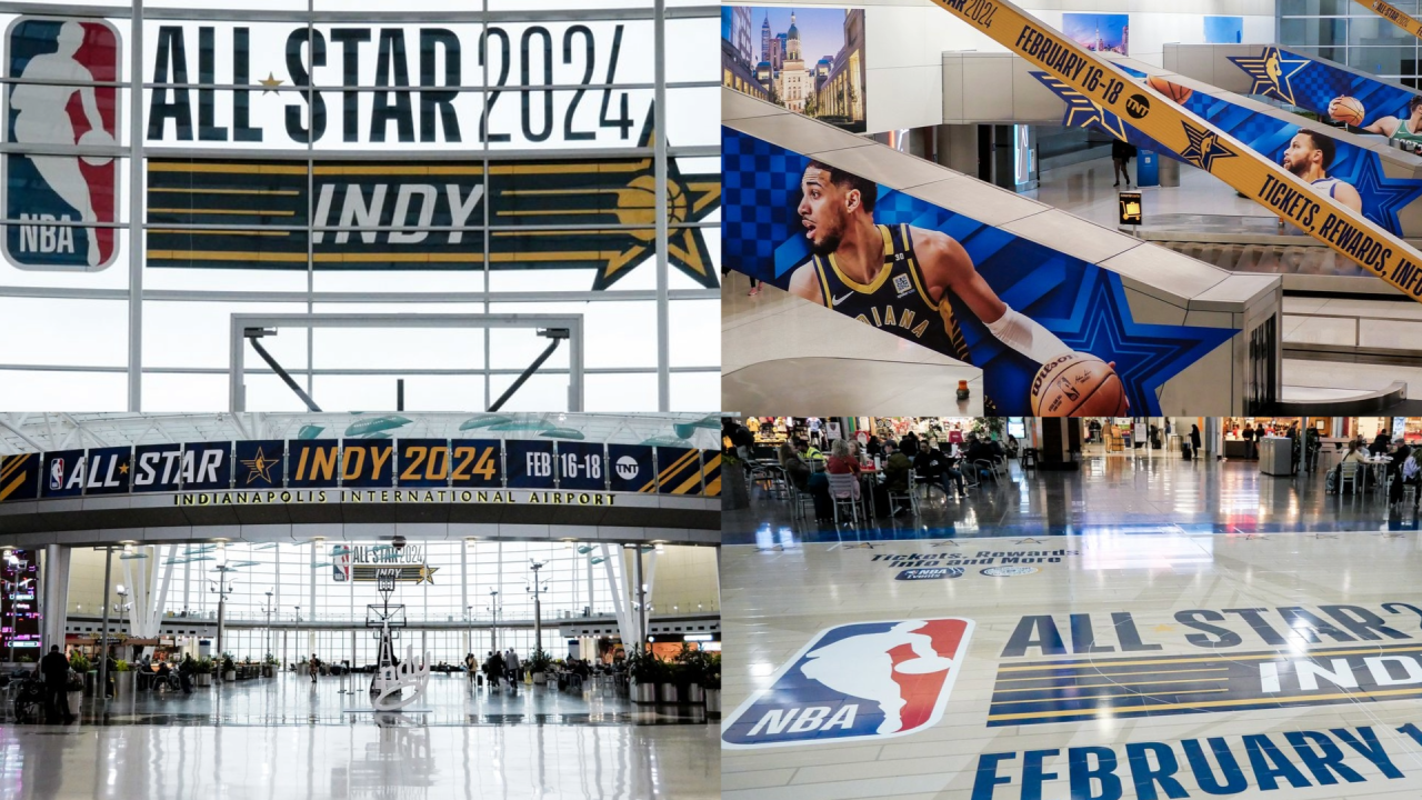 Indianapolis Airport celebrates NBA All-Star weekend with decorations, basketball court