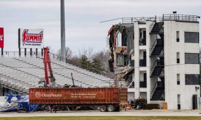 Demolition of the Parks Tower at Lucas Oil Indianapolis Raceway Park takes place on Thursday, Jan. 4, 2024, in Indianapolis. The Parks Tower was built in 1983, after the NHRA purchased the entire facility in 1979. The raceway, which began in 1958, was built on a 267-acre farm, by 15 local businessman with the idea of creating a 15-turn, 2.5 mile road course. The drag strip was added as an afterthought. The facilities held its first event in 1960.