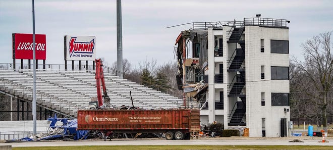 Demolition of the Parks Tower at Lucas Oil Indianapolis Raceway Park takes place on Thursday, Jan. 4, 2024, in Indianapolis. The Parks Tower was built in 1983, after the NHRA purchased the entire facility in 1979. The raceway, which began in 1958, was built on a 267-acre farm, by 15 local businessman with the idea of creating a 15-turn, 2.5 mile road course. The drag strip was added as an afterthought. The facilities held its first event in 1960.