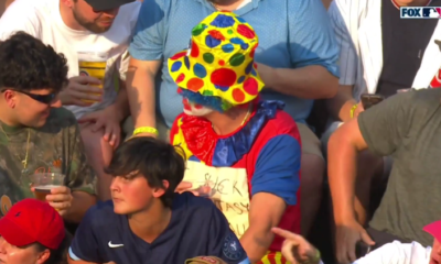 Jason Benetti and AJ Pierzynski didn't miss the chance to laugh at a fan serving his fantasy football punishment in clown attire. Photo Credit: Fox