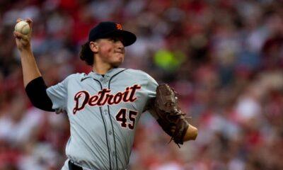 Detroit Tigers pitcher Reese Olson (45) delivers a pitch in the first inning of the MLB game between the Cincinnati Reds and the Detroit Tigers at Great American Ball Park in Cincinnati on Friday, July 5, 2024.