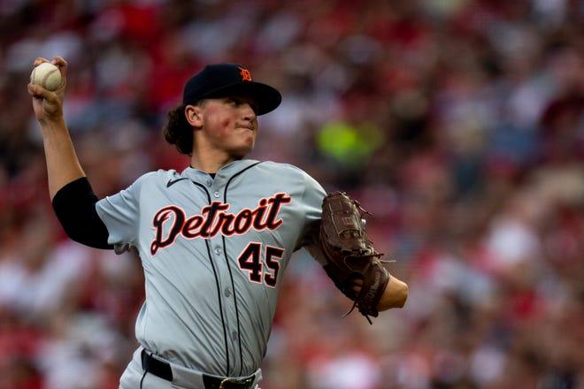 Detroit Tigers pitcher Reese Olson (45) delivers a pitch in the first inning of the MLB game between the Cincinnati Reds and the Detroit Tigers at Great American Ball Park in Cincinnati on Friday, July 5, 2024.